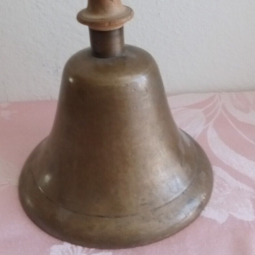 Vintage Wood and Brass School House Bell Large Farmhouse Desk 10 1/4" - Picture 2 of 8